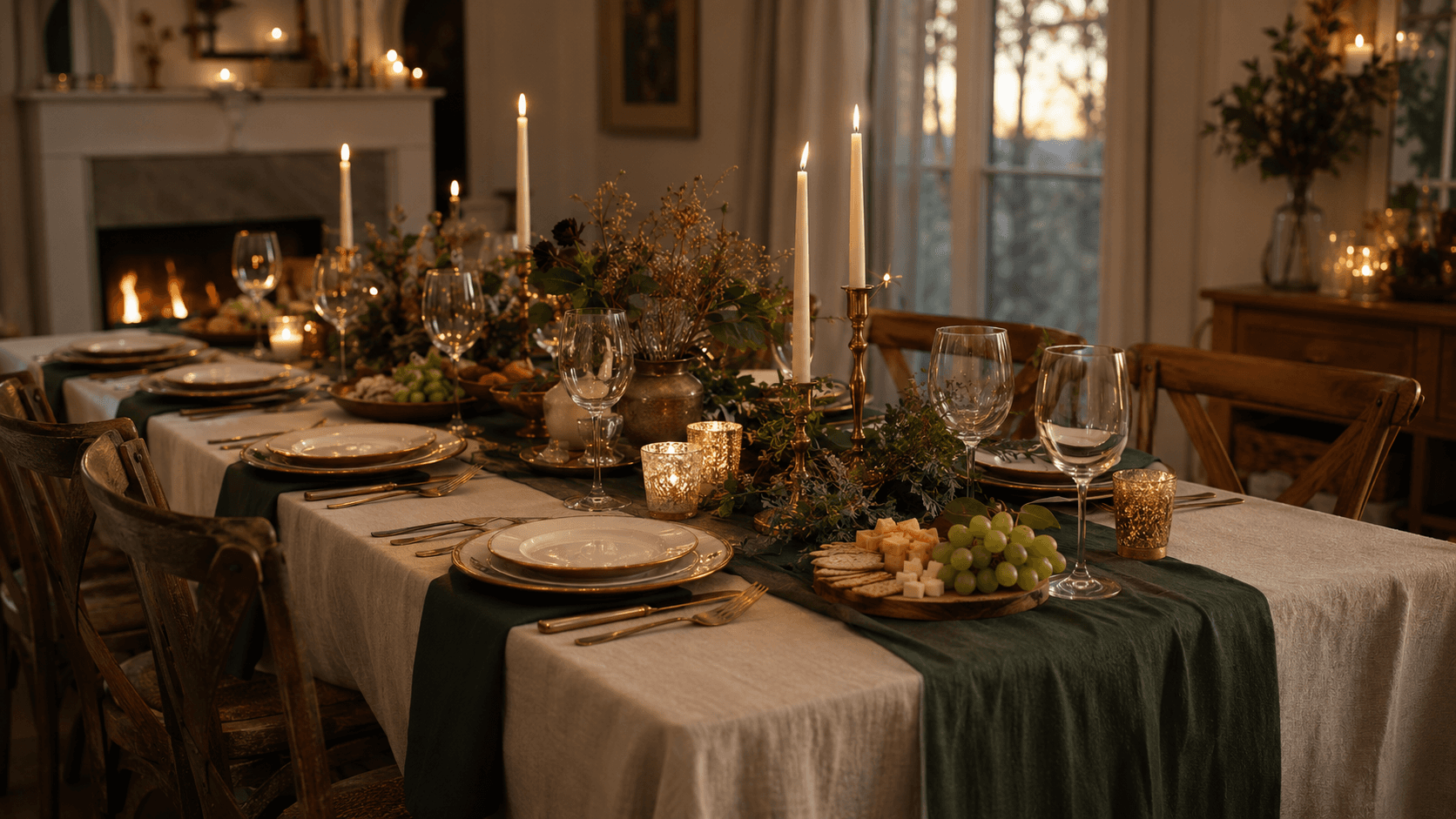 A warm candlelit fall gathering table with seasonal food, pumpkins and layered place settings in a real home.