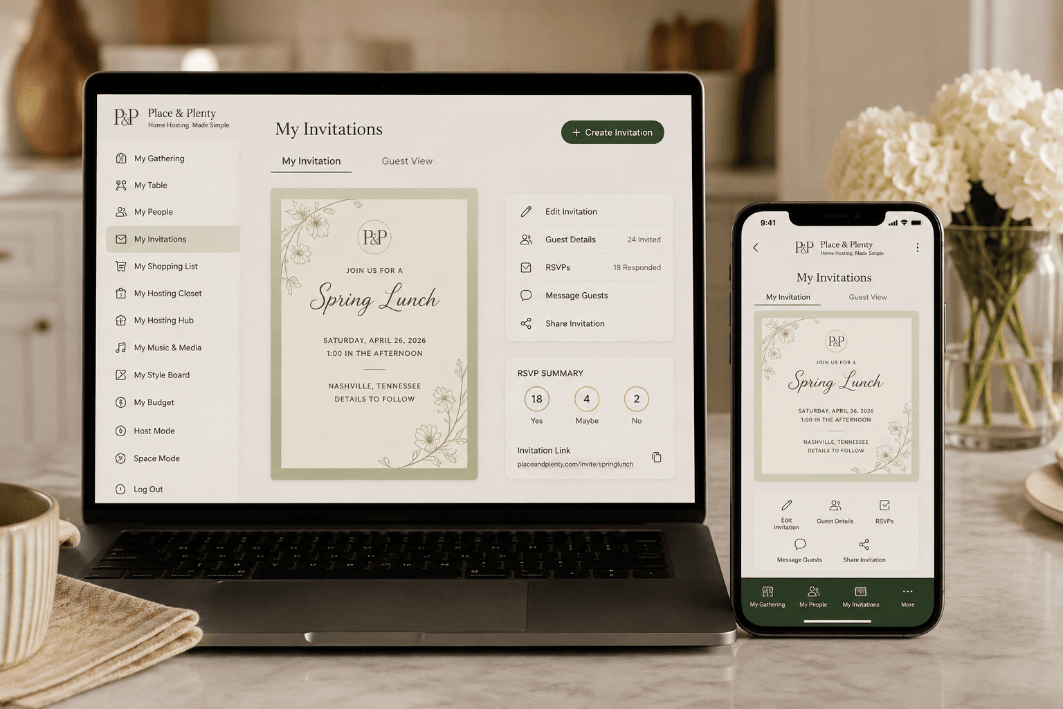 Place & Plenty invitation and guest-management feature preview