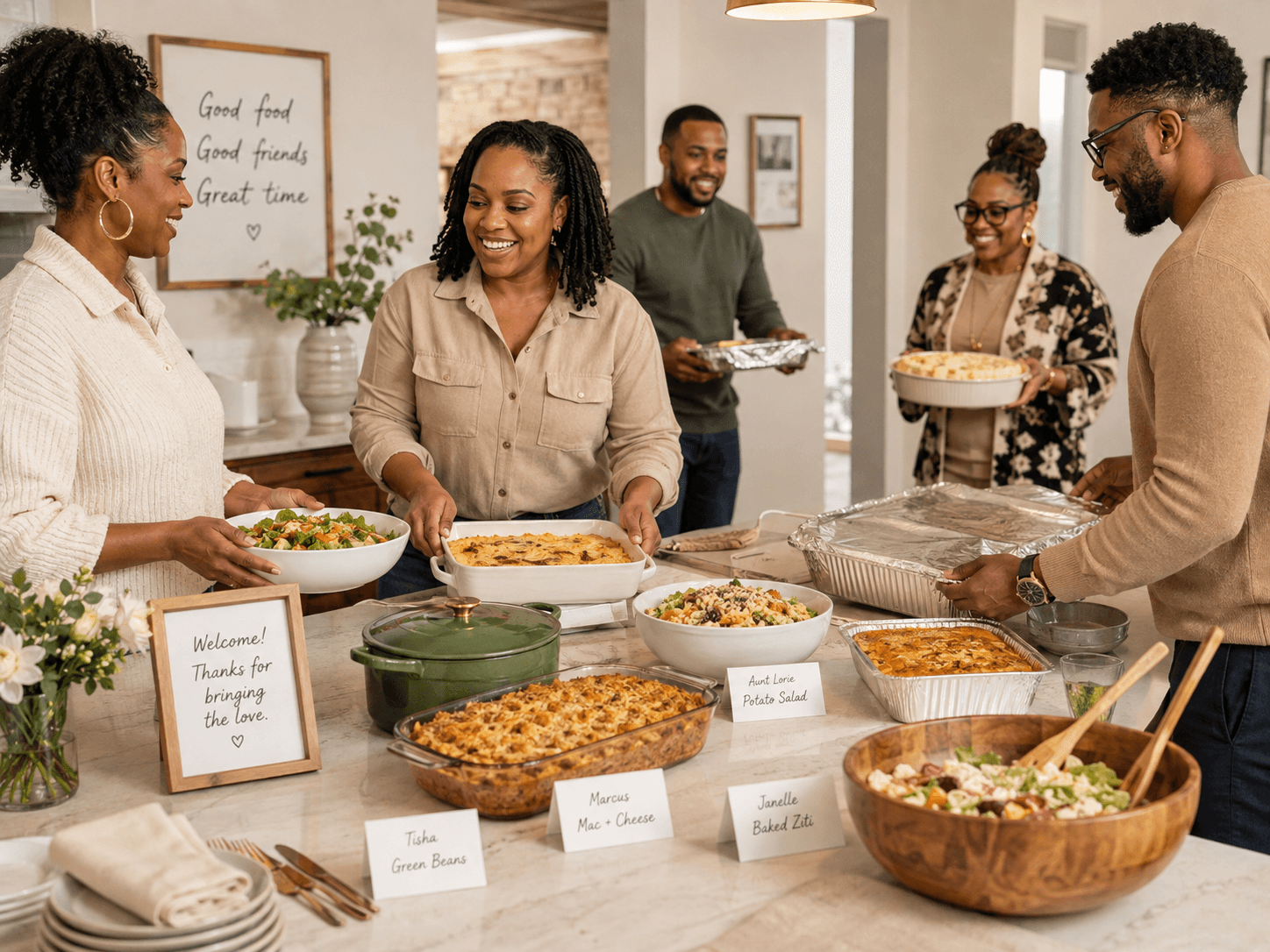 A warm home potluck spread with shared dishes ready for guests