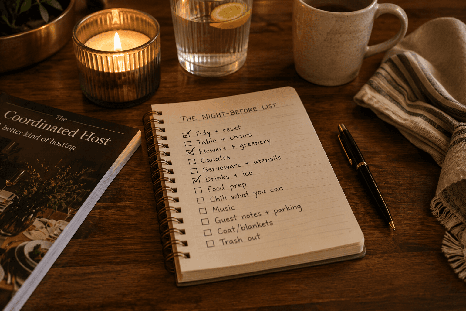 A handwritten night-before checklist on a spiral notepad, beside a lit candle, a pen and a mug on a dark wood table
