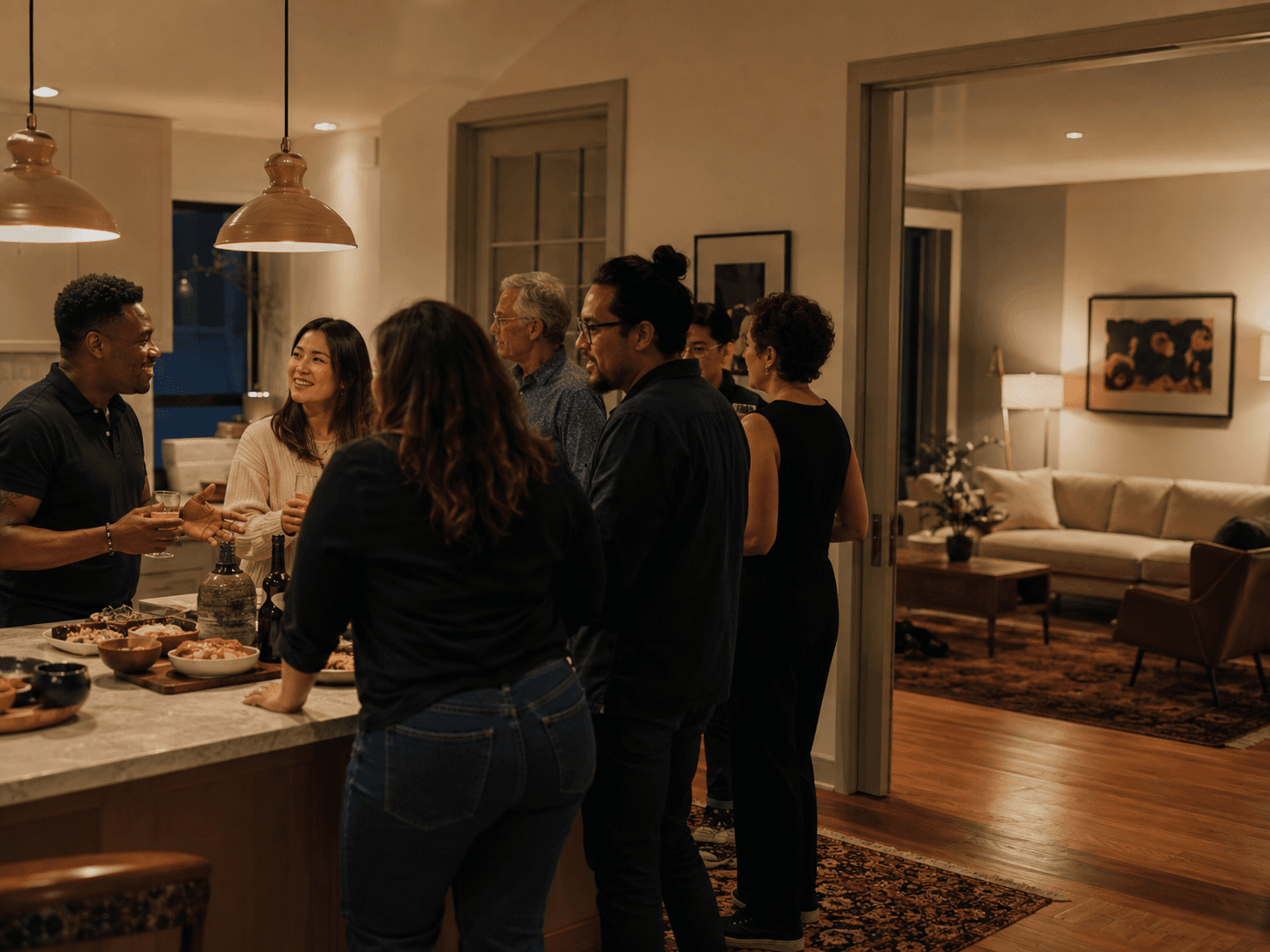 Guests standing and talking around a kitchen island in the evening, with the open living room beyond
