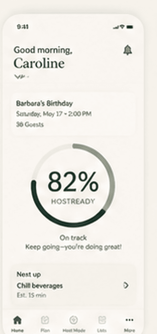 The Place & Plenty app showing a gathering at 82% HostReady, with what's left to do.