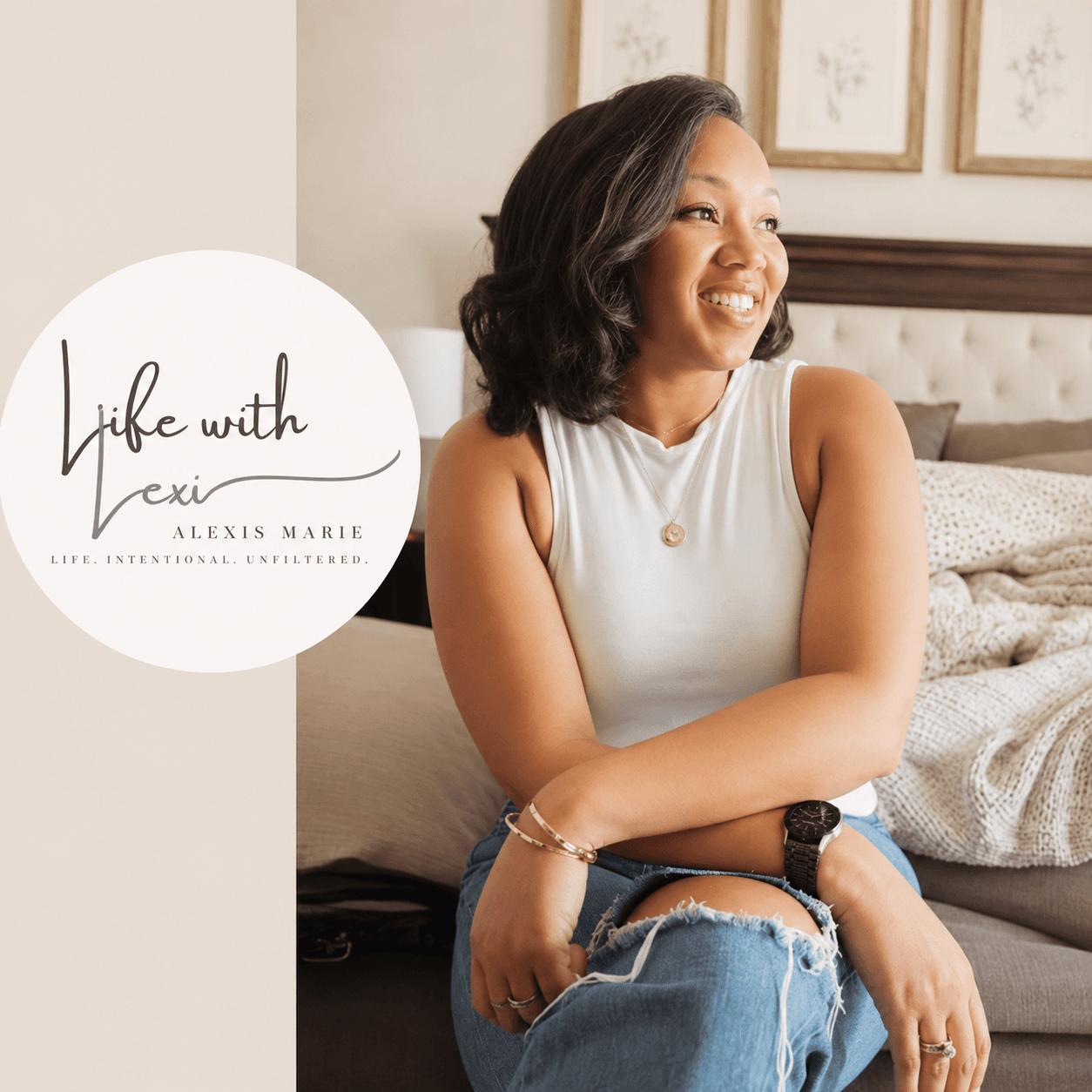Alexis Hughes-Williams seated at home beside the Life with Lexi logo