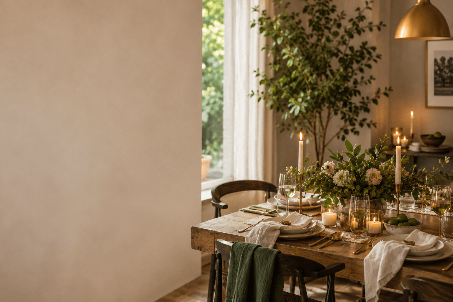 A warm, lived-in home gathering table styled for an approachable dinner