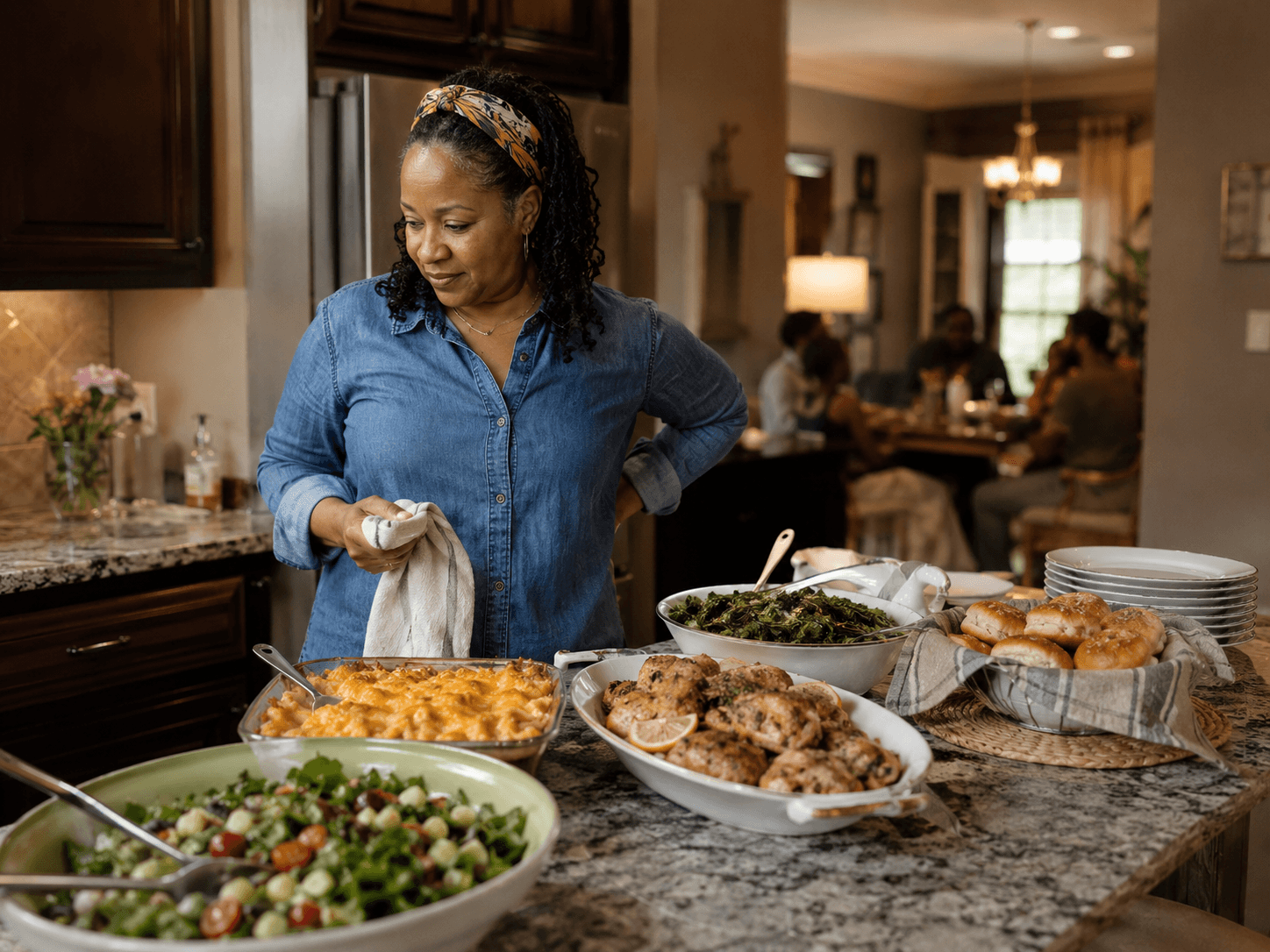 A host setting out a buffet on a kitchen island — baked pasta, roast chicken, greens and rolls — while guests talk at the table behind her
