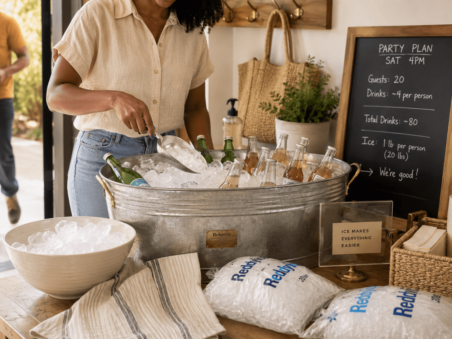 Ice and chilled drinks arranged for a home gathering beverage station