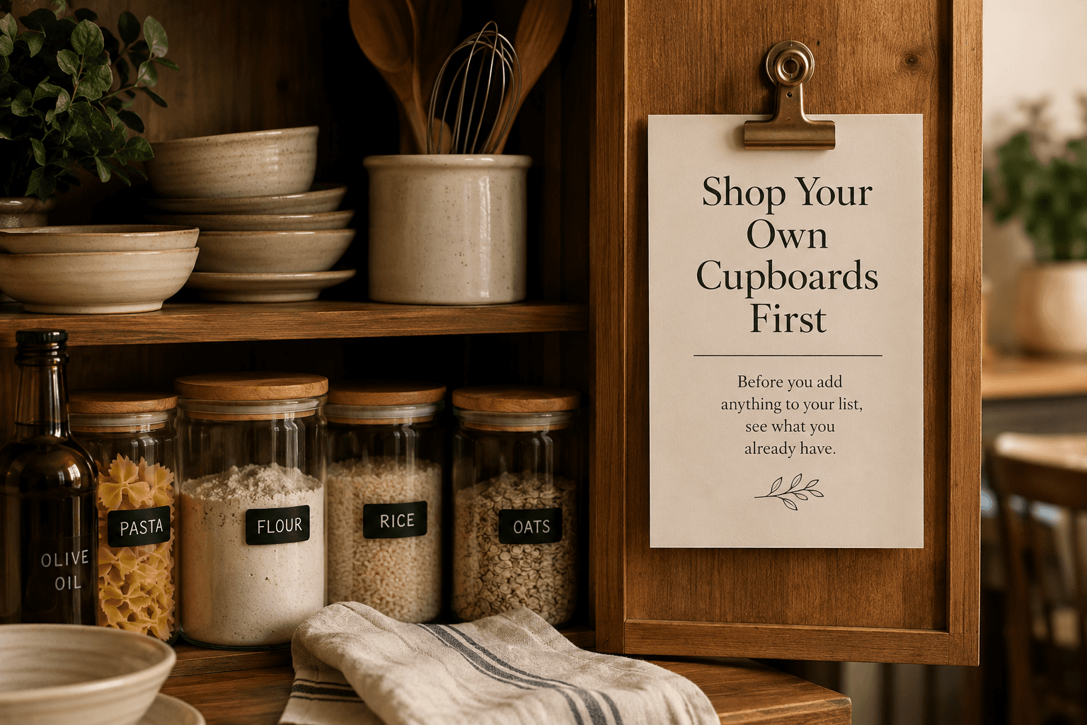 An open kitchen cupboard of labelled pantry jars and stacked stoneware bowls, with a printed card reading Shop Your Own Cupboards First