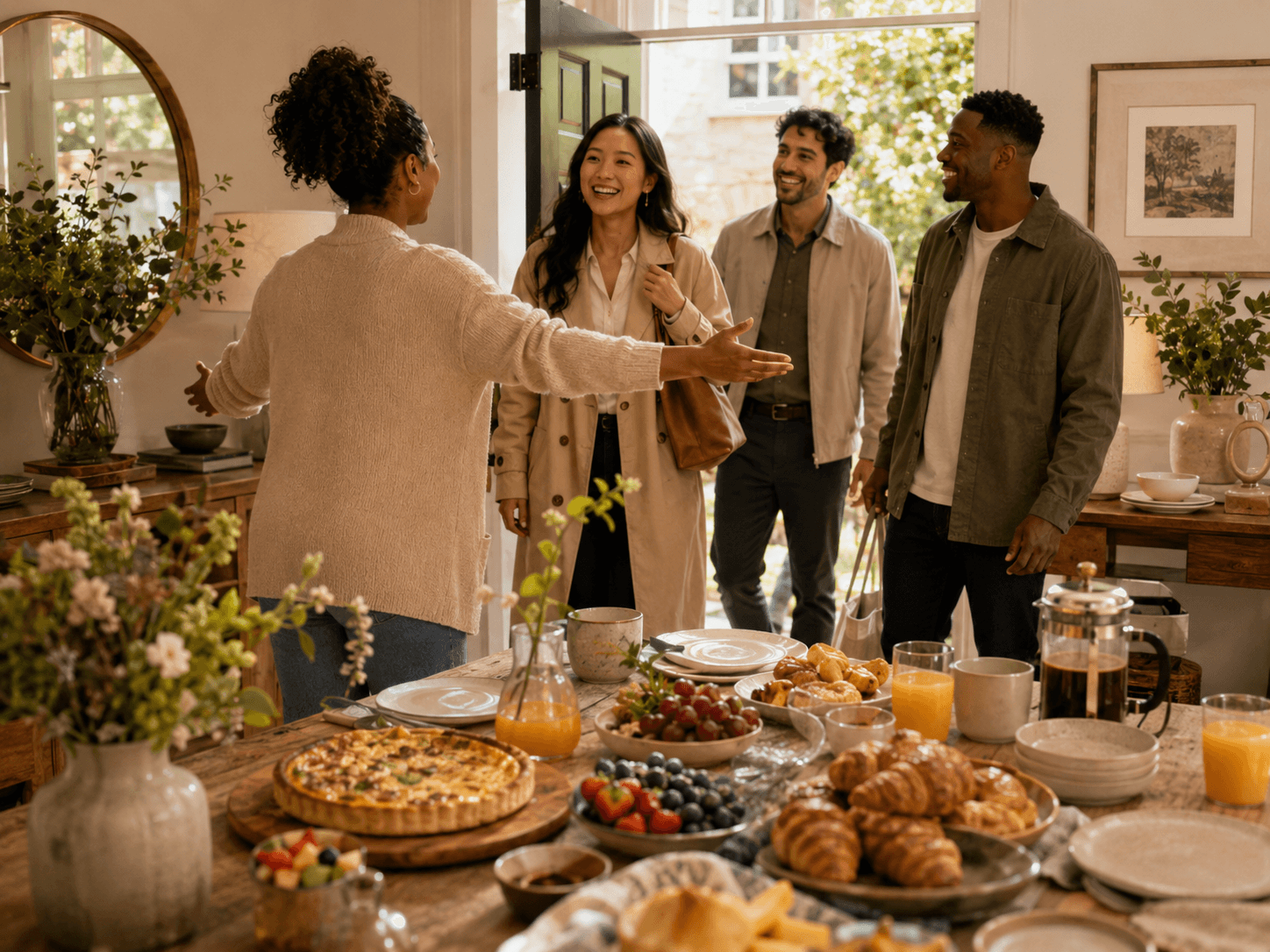 A host stepping forward with open arms to greet guests arriving at the front door, the table already laid behind her