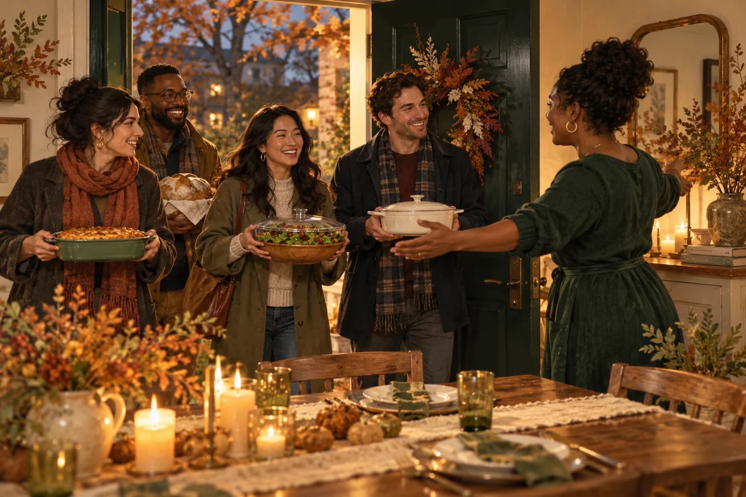 AI-generated editorial image: A Black host welcoming diverse friends carrying homemade dishes for Friendsgiving.
