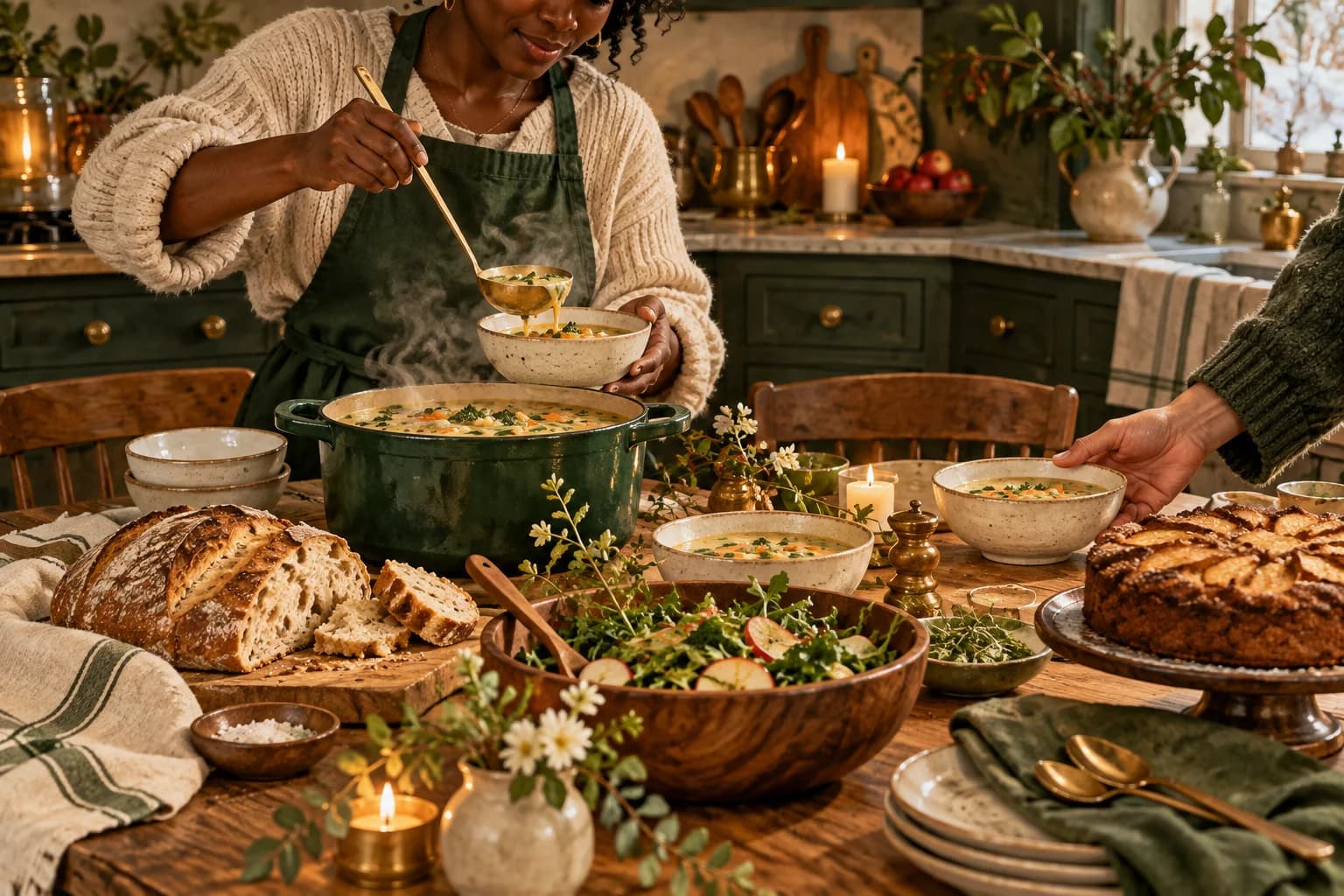 AI-generated editorial image: A host serving a simple holiday supper of vegetable soup, bread, salad and apple cake.