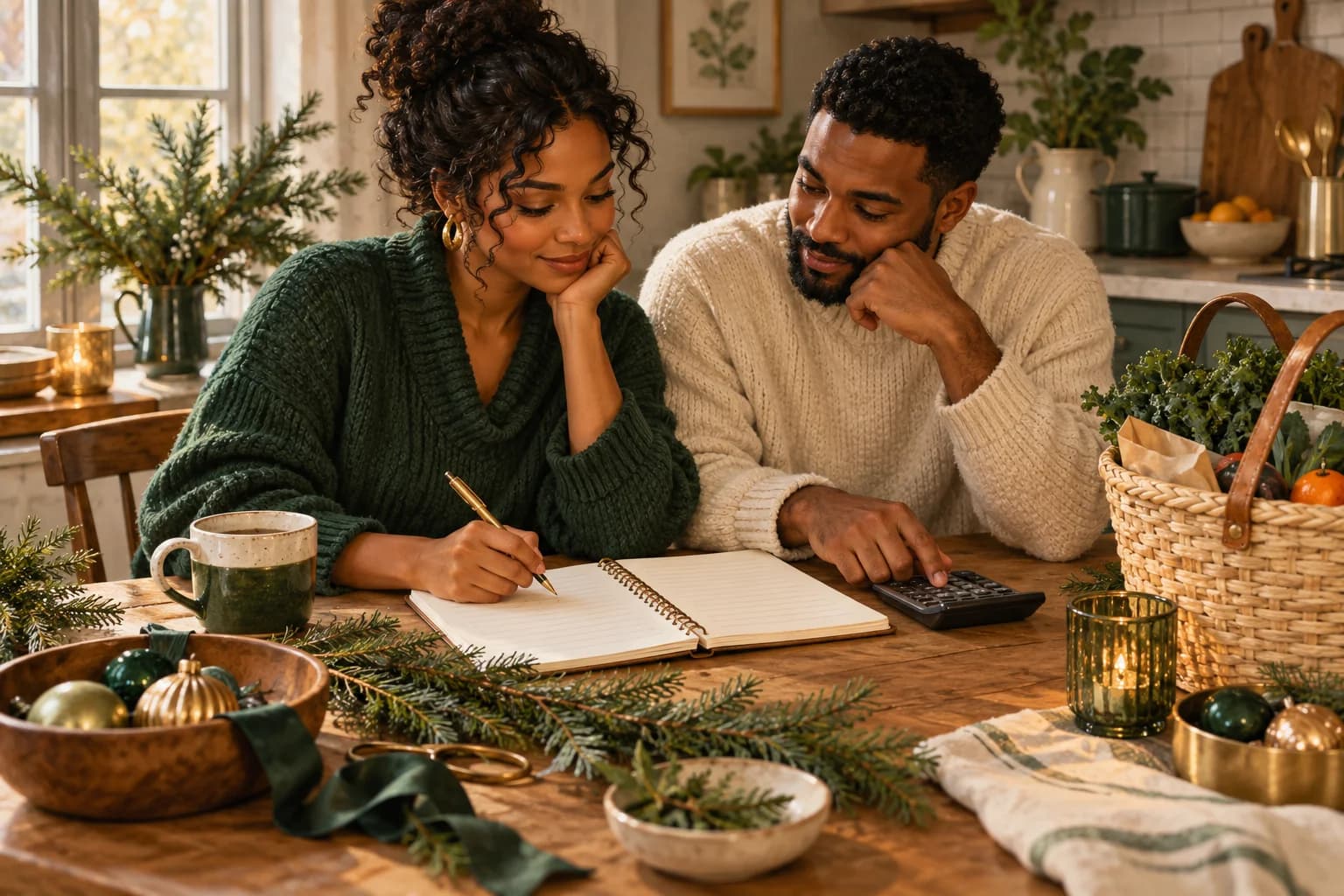 AI-generated editorial image: A Black couple planning holiday spending together with a notebook, calculator and familiar decorations.