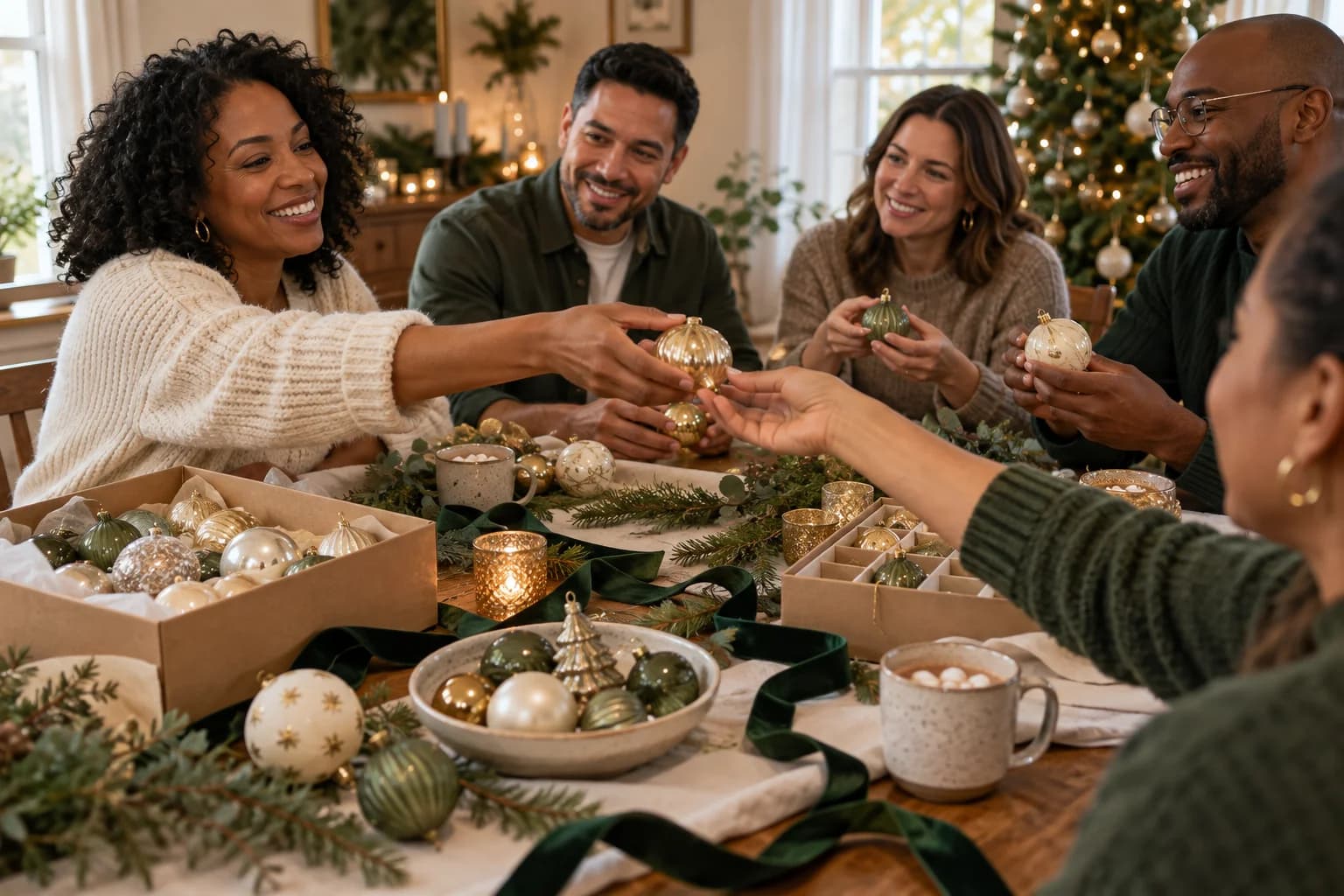 AI-generated editorial illustration of diverse friends exchanging ornaments at a holiday décor swap.