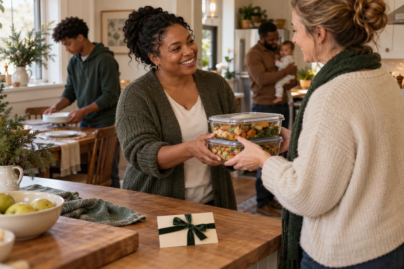 AI-generated editorial illustration of a friend delivering meals to a Black family at home.