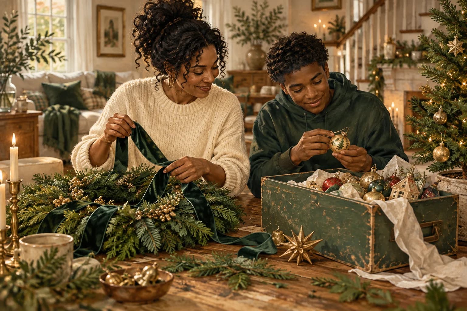 AI-generated editorial image: A Black mother and teenage son reusing familiar ornaments and ribbon for their holiday decorations.